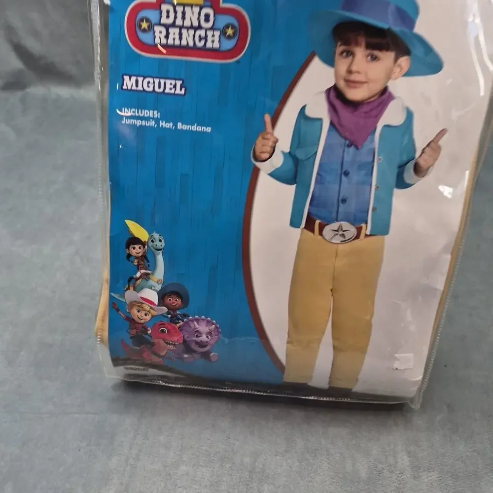 Miguel Dino Ranch Kids Halloween Cowboy Costume Jumpsuit Hat 5-6T NEW - Picture 1 of 7